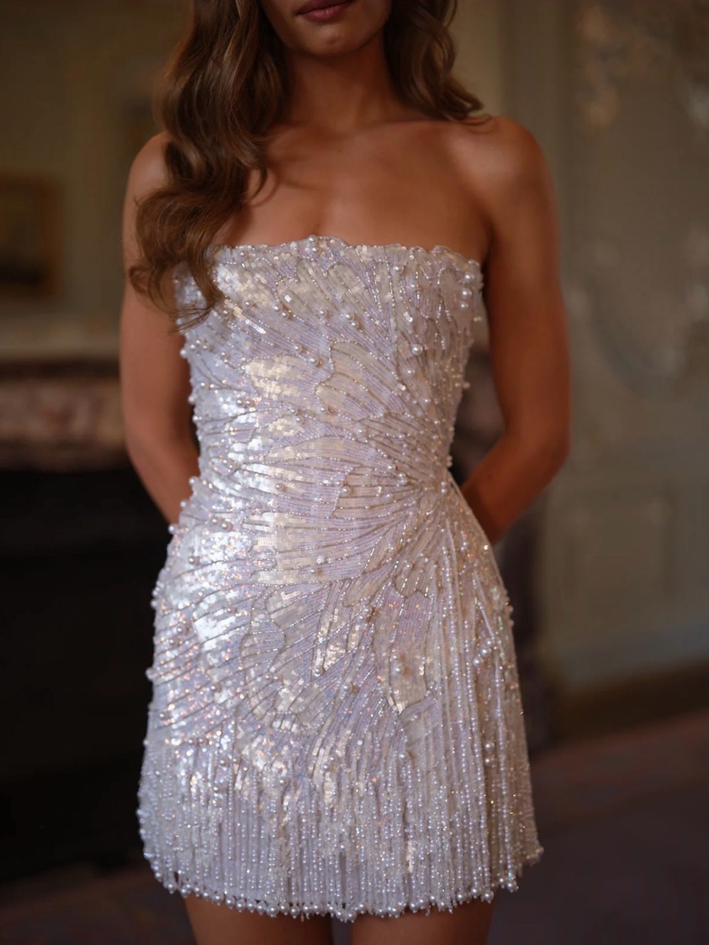 Strapless Sequin Beaded Mini Dress in Iridescent White